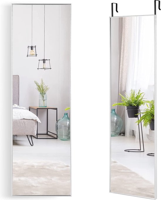 Full-body spiegel met in hoogte verstelbare hanghaken, wandspiegel, deurspiegel, hangspiegel, spiegel voor slaapkamer, woonkamer en entree (zilver) 37 x 120 cm