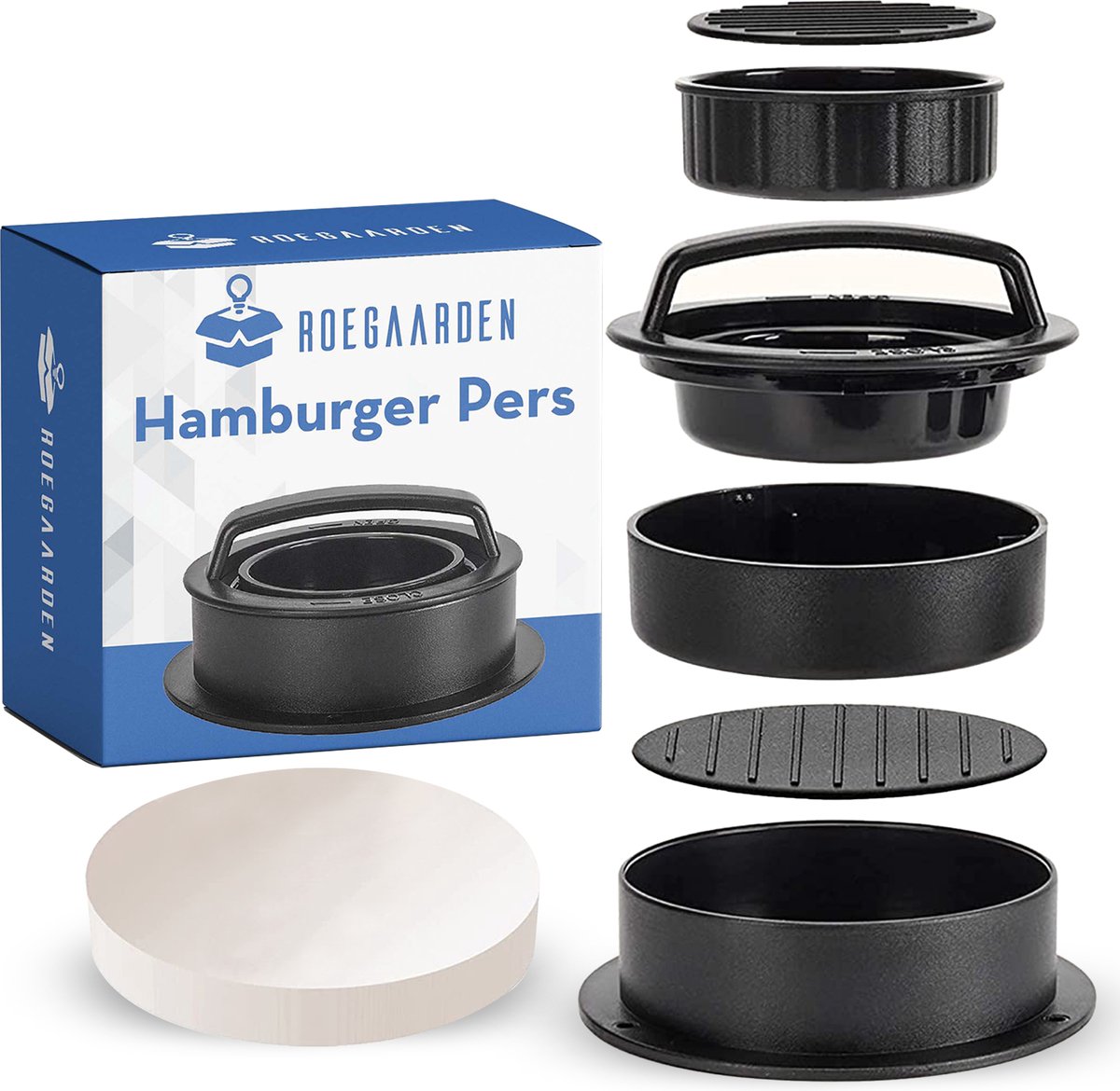 Roegaarden hamburgerpers - Tofu pers - BBQ accessoires - 100x wax papier - zwart - Roegaarden