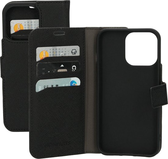 Mobiparts hoesje geschikt voor Apple iPhone 13 Pro - Saffiano Wallet/Portemonnee hoesje - Magneet Sluiting - 3 Opbergvakken - Zwart