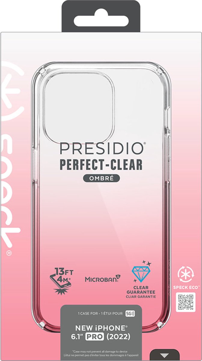 Speck hoesje geschikt voor Apple iPhone 14 Pro - Slank - Kristalhelder - Valbescherming gecertificeerd tot 4 meter - Microban Antibacterieel - Presidio Perfect Clear lijn - Roze Transparant