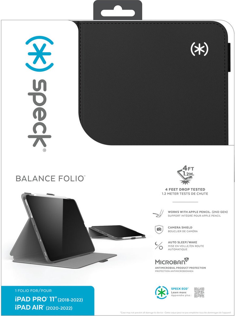 Speck hoesje geschikt voor Apple iPad Pro 11 (2022) - Stand functie - Veiligheidskliksysteem - Automatisch aan/uit magneet functie - Gevoerde binnenkant - Microban Antibacterieel - Zwart
