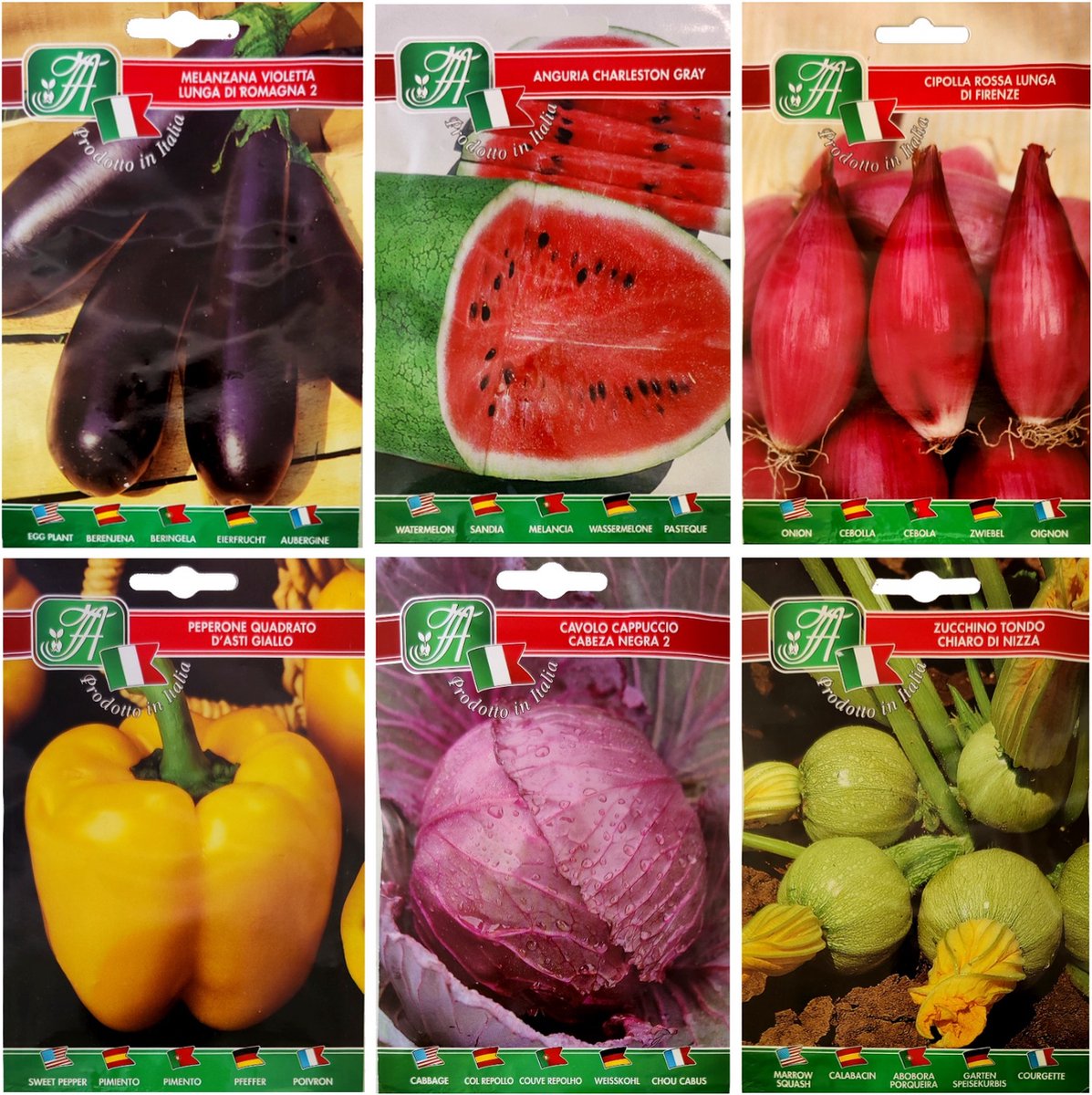 Zomerse BBQ-zaadpakket - 6 Soorten - Gele Paprika, Grote Watermeloen, Rode Ui, Paarse Kool, Lange Aubergine, Mini Courgette