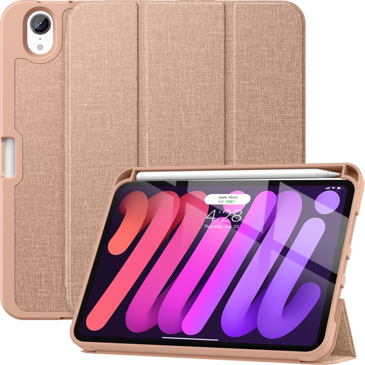 Geschikt Voor iPad Mini 7 hoes en geschikt voor iPad Mini 6 hoes - Mini 2024 Hoes - Solidenz Trifold Bookcase - Mini 2021 Cover - Met Autowake - Met Standaard - Hoesje Met Pencil Houder - Rosegoud