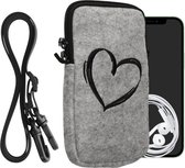kwmobile Tasje voor smartphones L - 6,5" - Hoesje van vilt in zwart / lichtgrijs - Phone case met nekkoord - Brushed Hart design