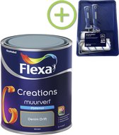 Flexa Creations - Muurverf Zijdemat - Denim Drift - 1 liter + Flexa muurverf roller - 5 delig