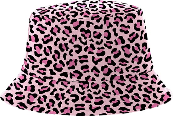 Bucket Hat - Vissershoedje - Hoedje - Heren - Dames - Panterprint - Festival accessoires - Reversible - 58 cm - roze - zwart