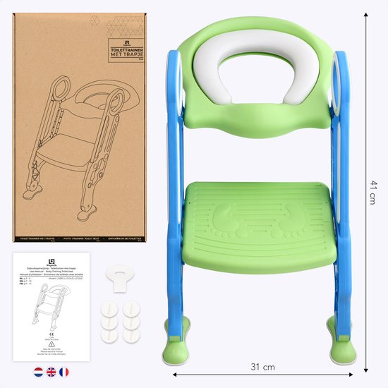 LifeGoods WC Verkleiner - Potje Peuter - Met Trapje - Toilettrainer met Opstapje - Opvouwbaar - Toiletverkleiner - 2 tot 7 Jaar - Groen/Blauw