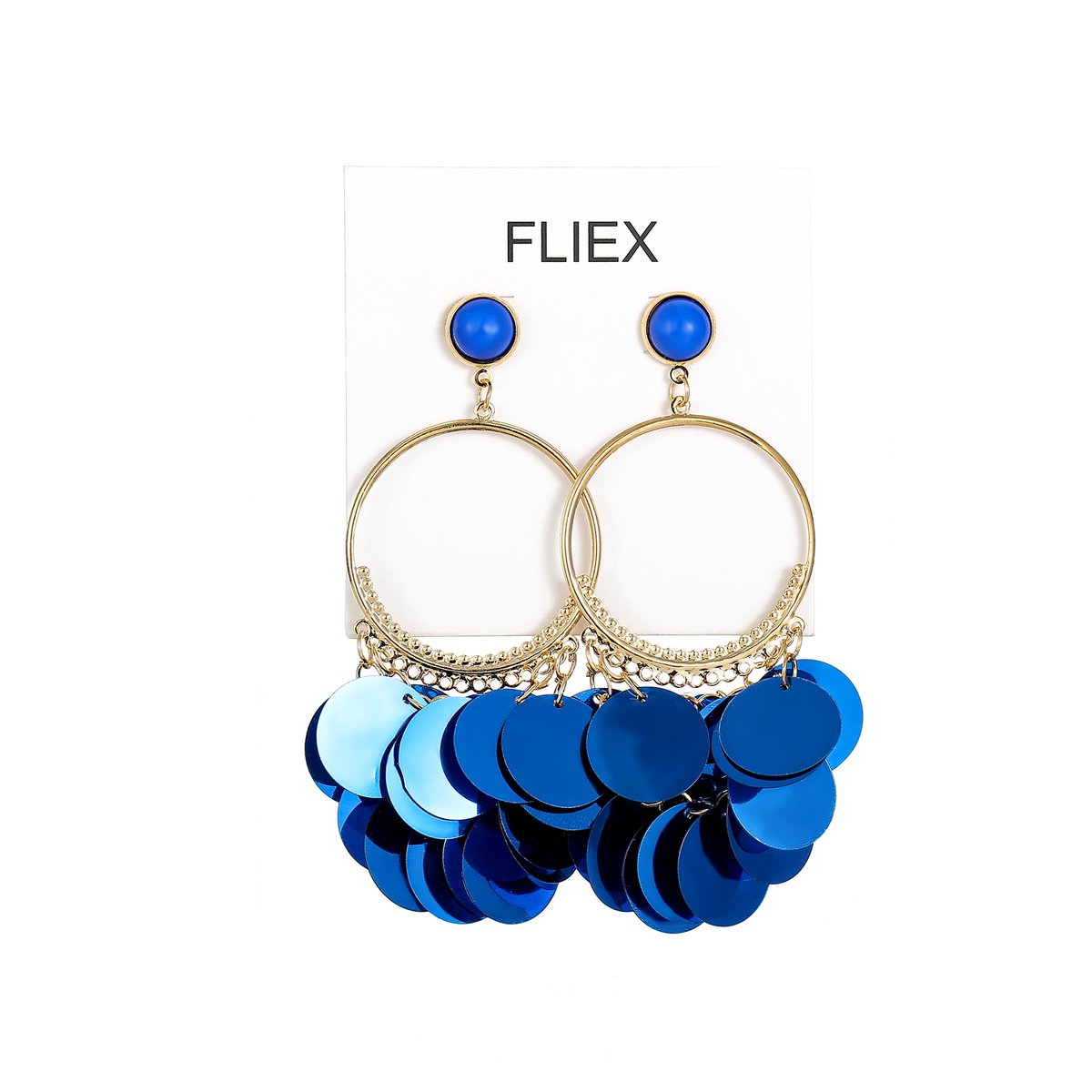 Fliex - oorbellen - chandelier - goudkleurig - pailletten oorbellen - kobaltblauw