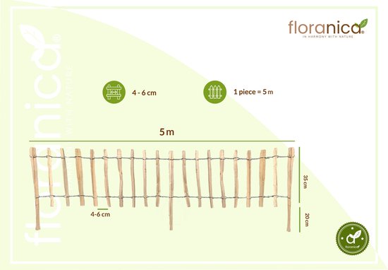 Floranica Rolhek van hazelnotenhout omheining met palen tuinlamel als gazonrand natuurproduct Latafstand voor omranding 4-6 cm hoogte 35 cm lengte 500 cm - Floranica