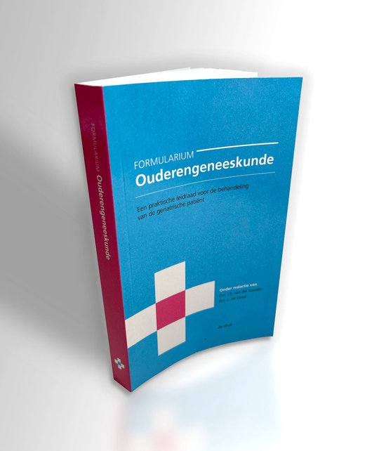 Blauwe omslag met witte en roze kruis, met de tekst 'Formularium Ouderengeneeskunde - Een praktische leidraad voor de behandeling van de geriatrische patiënt'.