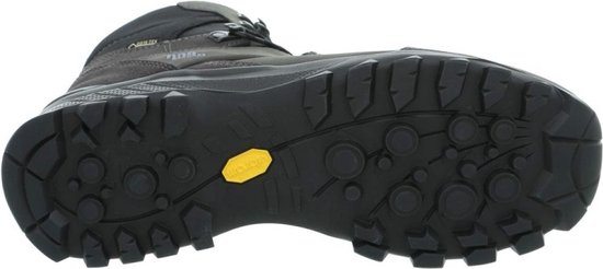 Zijaanzicht van de onderkant van een grijze Hanwag wandelschoen met Vibram zool.