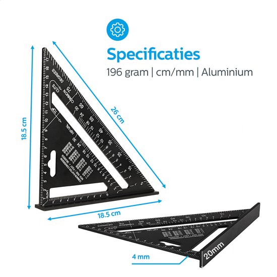 Detepo - Carpenter Mesure Driehoek - Carré Carré en Aluminium - Triangle 5 en 1 Degré - Zwart