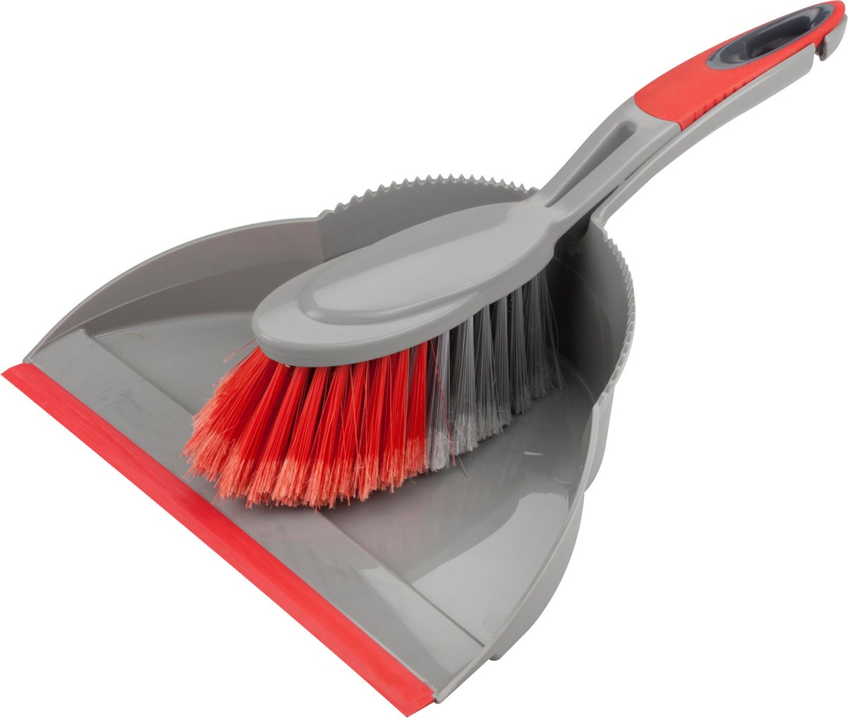 Goedkoopste Buemag Stoffer en blik - kunststof - 35 x 25 cm - grijs/rood - met rubber rand