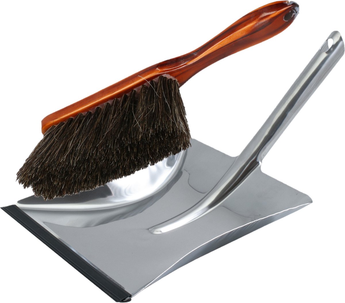 Goedkoopste Stoffer en blik zilver/bruin van RVS/hout inclusief lip voor binnen