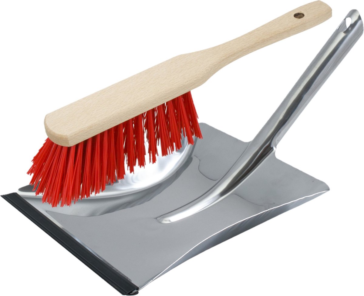 Goedkoopste Stoffer en blik zilver/rood van RVS/hout inclusief lip voor buiten