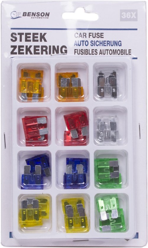 Benson verpakking met 36 auto steekzekeringen in diverse kleuren en ampères.