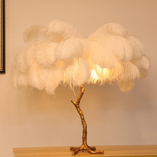 Luxe LED Tafellamp van 80cm met exclusieve palmboom en witte veren voor een  prachtig... | bol.