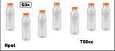 50x Flesje RPET helder 750cc met oranje dop- vernieuwd - gerecycled PET drinken jus sinas cola sappen dranken
