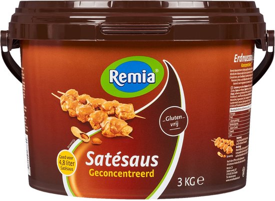 Remia Satésaus emmer met afbeelding van satéspiesjes en pinda's. "Gluten-vrij" en "3 KG e".