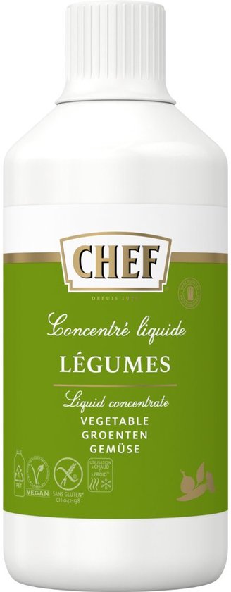 CHEF vloeibaar groenteconcentraat in een witte fles met groen etiket. "Concentré liquide LÉGUMES". Vegan, glutenvrij.