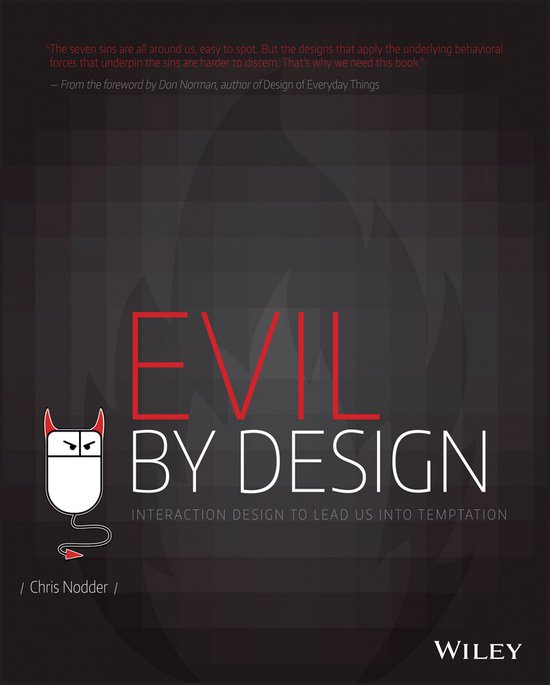 Boek met de titel "EVIL BY DESIGN" in rode en witte letters, met een gestileerde muis als duivel.