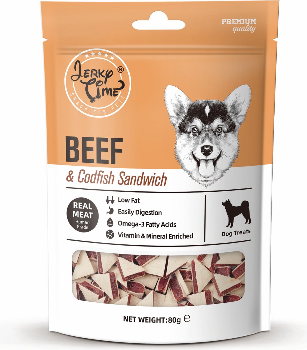Jerky Time Hondensnack Beef and Codfish Sandwich - Zak á 80 gram