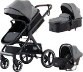 Luxe 3-in-1 Kinderwagen - Wandelwagen - Autostoeltje - Buggy - Inklapbaar - Zwart en Grijs - 0-36 Maanden