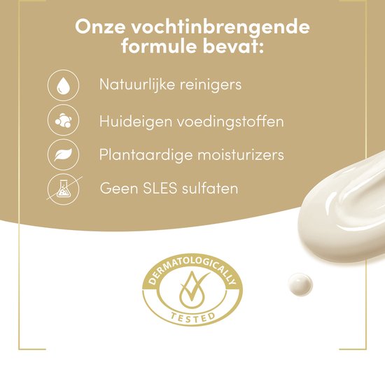 Ingrediënten Dove Nourishing Silk: natuurlijke reinigers, huideigen voedingstoffen, plantaardige moisturizers, geen SLES sulfaten.