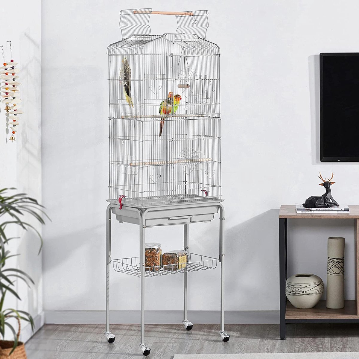 Bol.com XXL Vogelkooi- vogelboer Parkiet Kanaries met vrijzitje en accessoires met standaard - Lichtgrijs - HM-YAHEE-591825 aanbieding