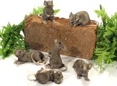Muis - Muizen familie - Set van 6 - Gezellig - 8 cm - Bruin- Polyresin