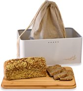 Broodtrommel metaal met linnen broodtas lunchbox met hoogwaardig bamboe deksel als snijplank 33 x 21 x 16 cm (mat wit)