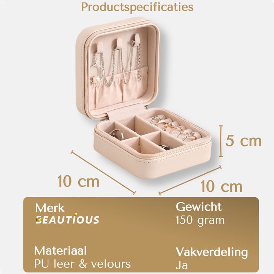 Beautious® Luxe Sieradendoos – Sieradenhouder – Juwelendoos – Compact - Ring/Oorbellen/ Ketting/Horloge - Zacht Roze