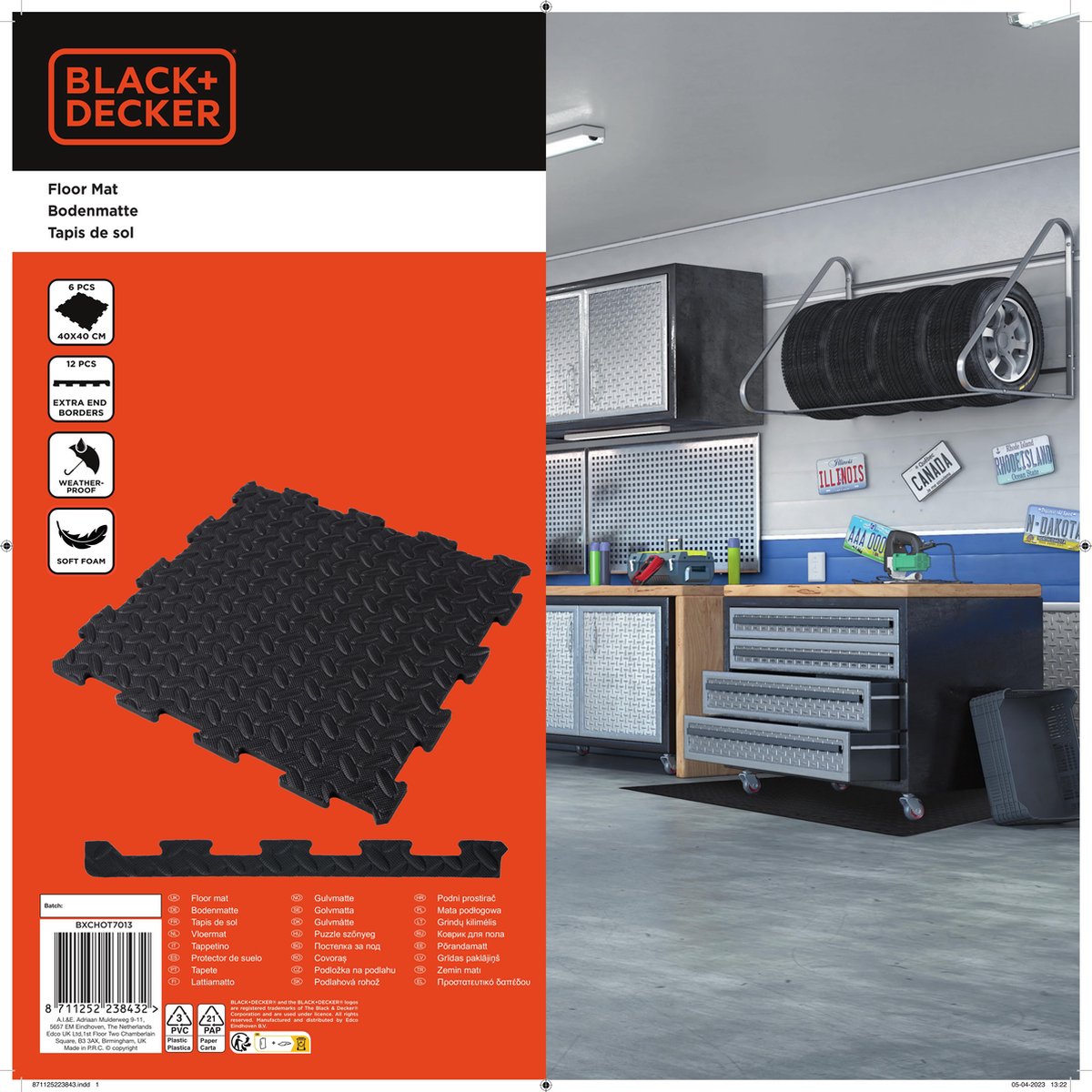 BLACK+DECKER Vloermat 6 Stuks - 40 x 40 x 1 CM - Vloerbescherming - Dempend Materiaal - Puzzelmatten - Ribbels - Zwart