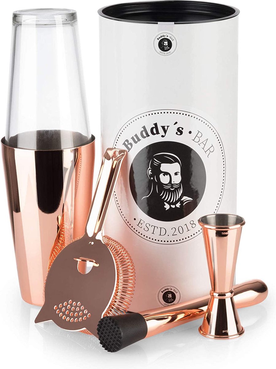 Buddy's Bar Boston barset - 4 delig cocktail shaker set - 700 ml - gepolijst koper
