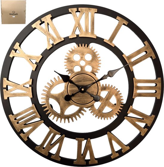 HSXL - Grande Horloge Murale en Bois avec Chiffres Romains 60 cm - Zwart avec Or - 60cm - Klok avec Mouvement Silencieux