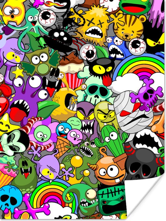 Poster Neon - Patronen - Grappig - Monsters - Regenboog - Kinderen - 60x80 cm