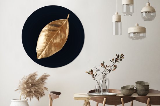 WallCircle - Wandcirkel 140x140 - Bladeren - Black en gold - Luxe - Natuur - Planten - Ronde schilderijen woonkamer - Wandbord rond - Muurdecoratie cirkel - Kamer decoratie binnen - Wanddecoratie muurcirkel - Woonaccessoires