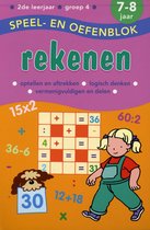 Speel- en oefenblok rekenen voor 7-8 jaar. Met sommen zoals 15x2, 36-6, 60:2 en 12+18. Bevat afbeeldingen van een jongen en een hondje met een schattige schort.