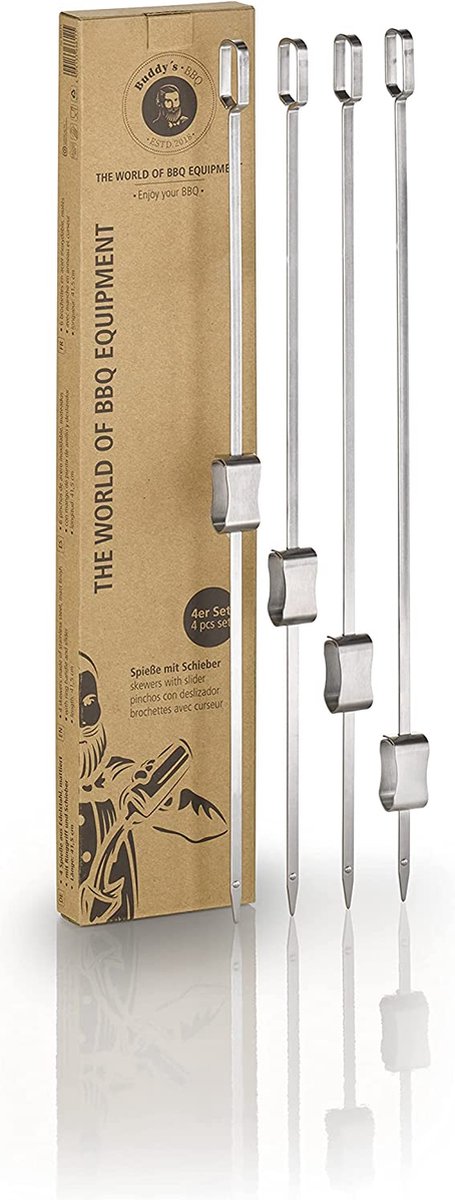 Buddy's BBQ - Grillspiezen - 4 stuks RVS vleesspiezen 41,5 cm - plat met ringgreep en schuifmechanisme
