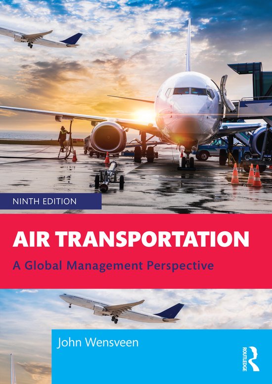 Boekcover van 'Air Transportation, A Global Management Perspective', negende editie, met vliegtuigen op de landingsbaan en in de lucht.