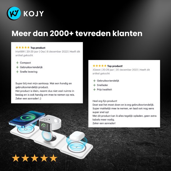 KOJY 3 in 1 Draadloze Oplader Pro - Magnetisch & Inklapbaar - Ultieme Travel Charger - 15W Snellader - Oplaadstation Apple - iPhone & Samsung - Wit - KOJY
