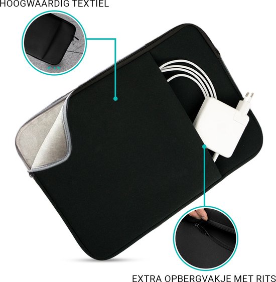 Zwarte laptophoes met een ritsvak voor accessoires en een laptop.