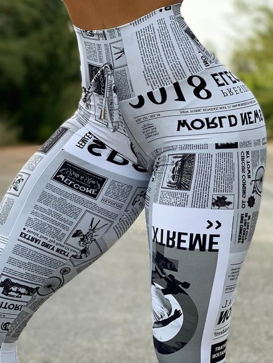 femmes pantalons- Nieuwe tendance femmes journal imprimé bout à bout levage pantalon femme anime taille haute skinny pantalon sportif dame