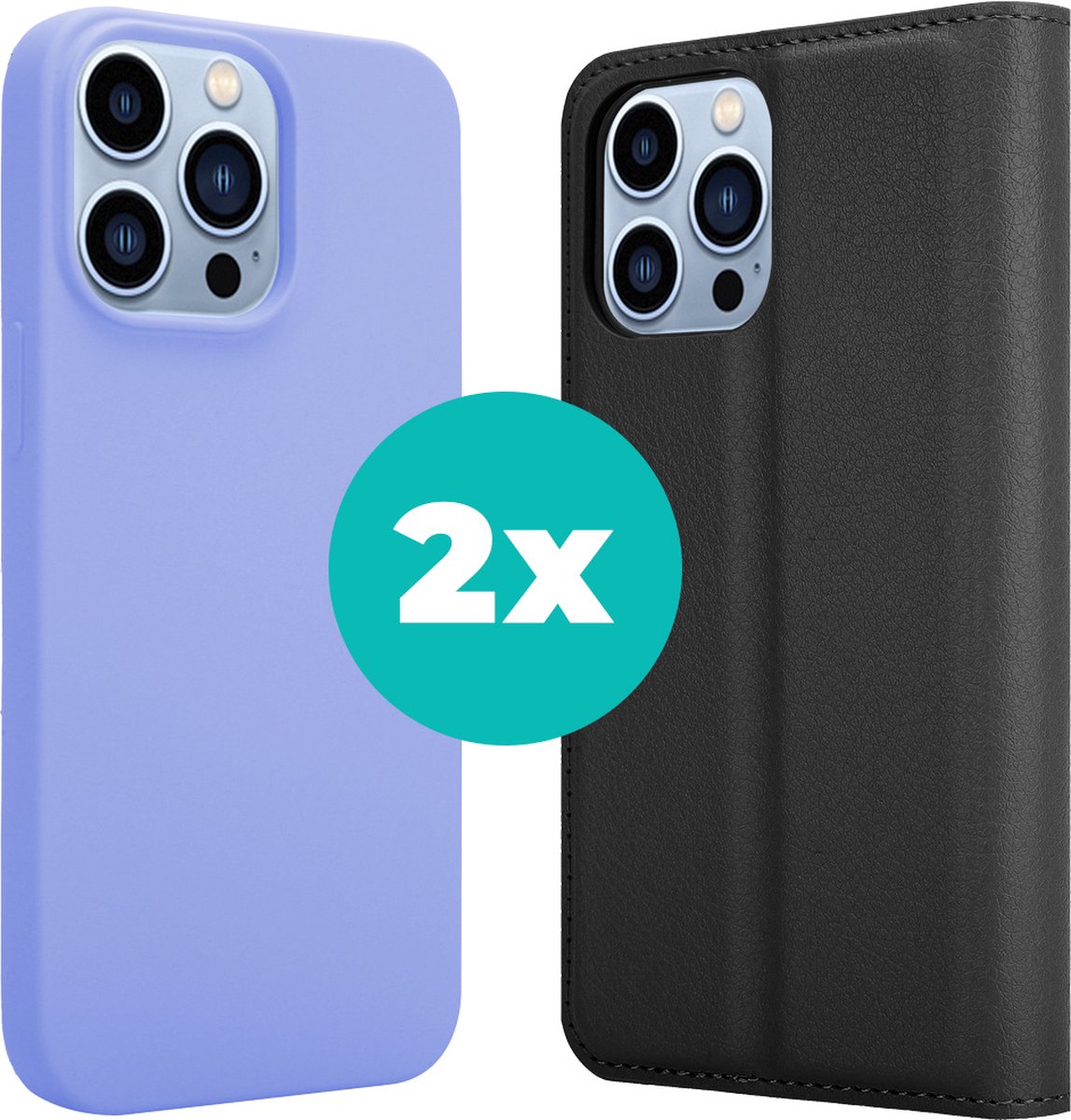 Hoesje geschikt voor iPhone 14 Pro hoesje case - Bundel van 2 iPhone Pro 14 hoesjes - Hoogwaardige Hoesje geschikt voor iPhone 14 Bookcase en Silicone case - Bundel van Zwart en Paars hoesje