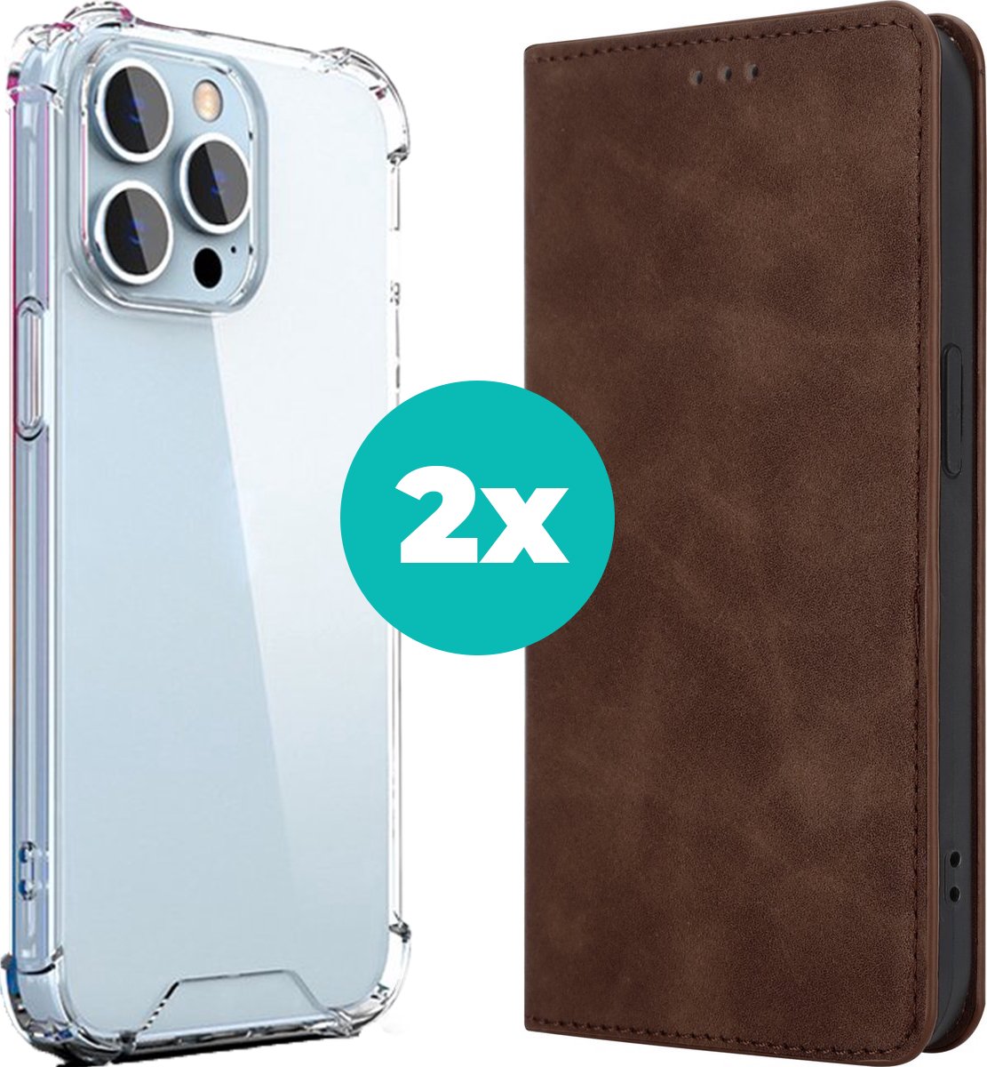 Hoesje geschikt voor iPhone 14 Pro Max hoesje bundel - Luxe bookcase en transparant case - 2 hoogwaardige hoesjes voor Hoesje geschikt voor iPhone 14 Pro Max - Bundel van Donkerbruin en Transparant hoesje