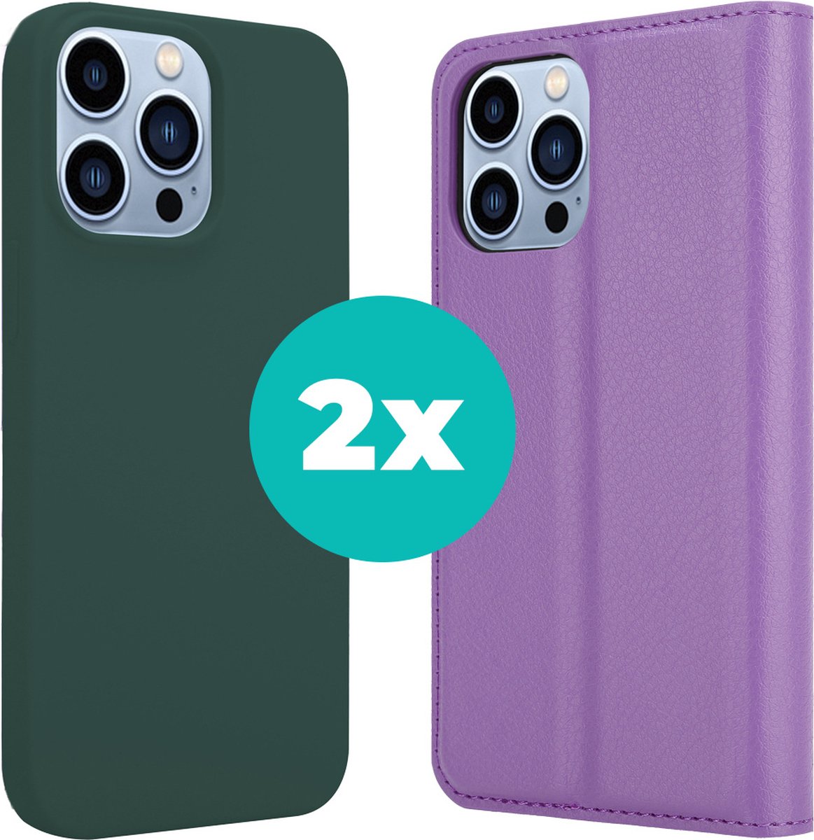 Hoesje geschikt voor iPhone 14 Pro hoesje Max case - Bundel van 2 iPhone Pro Max 14 hoesjes - Hoogwaardige Hoesje geschikt voor iPhone 14 Pro Max Bookcase en Silicone case - Bundel van Paars en Donkergroen hoesje