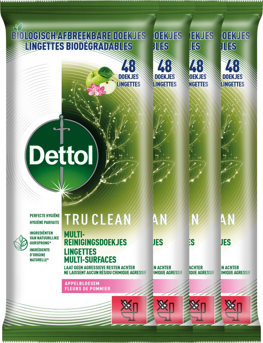 Goedkoopste Dettol Lingettes Biodégradable Tru Clean Apple Blossom & Pear - 48 - 4 Stuks - Voordeelverpakking