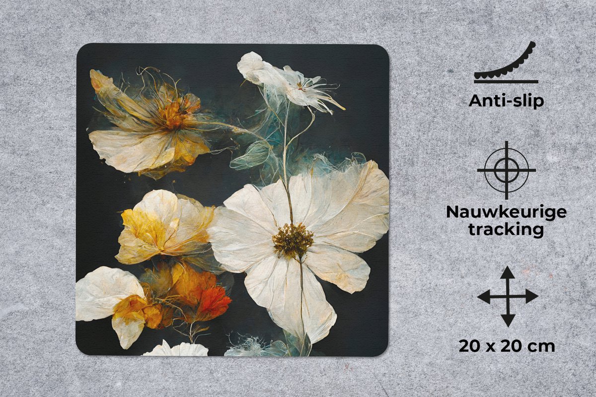 Muismat 20x20 cm - Mousepad Bloemen - Planten - Zwart - Wit - Muismatten
