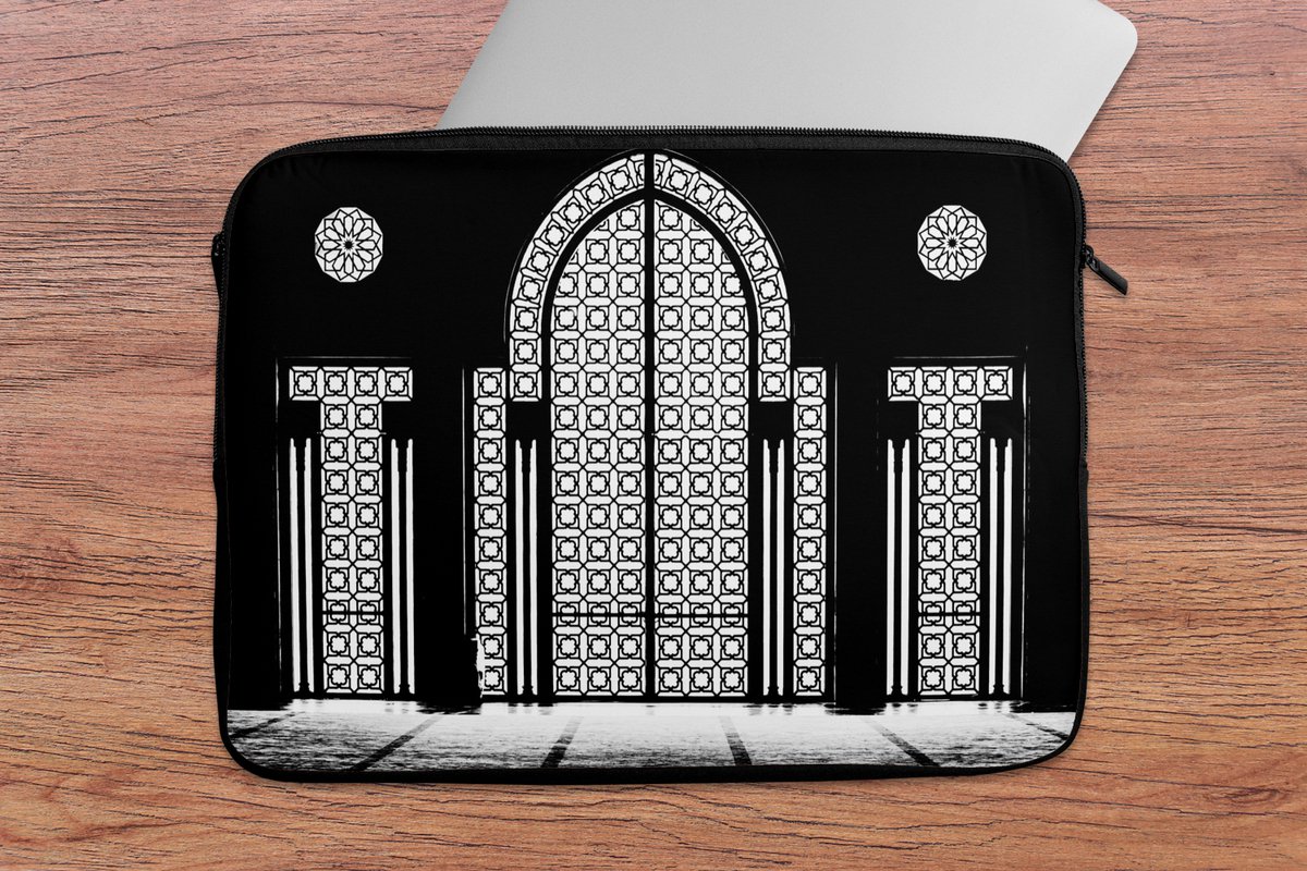 Laptophoes 13 inch - Architectuur - Zwart - Wit - Patroon - Laptop sleeve - Binnenmaat 32x22,5 cm - Zwarte achterkant
