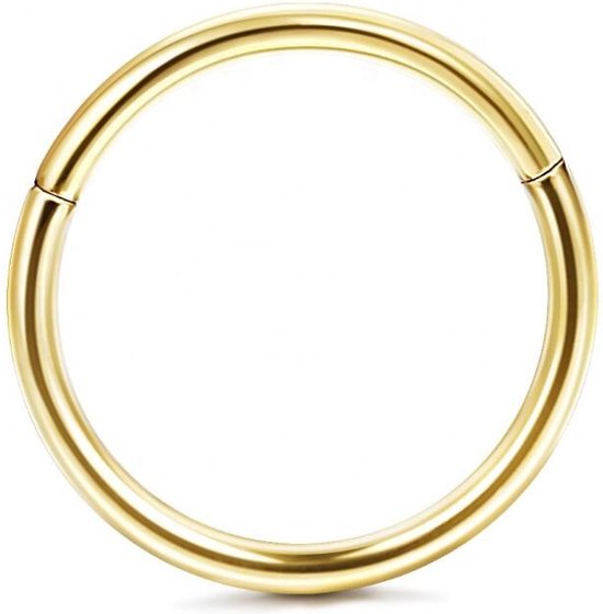 Eenvoudige, gouden piercingring met een kliksluiting, op een witte achtergrond.